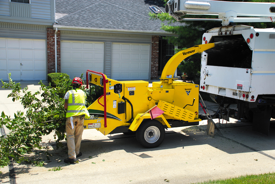 A Tree Care company using a Vermeer brush chipper
