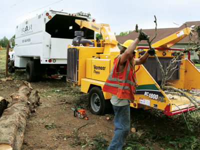 Operators of R&R Tree Service use the BC1800XL Vermeer brush chipper.