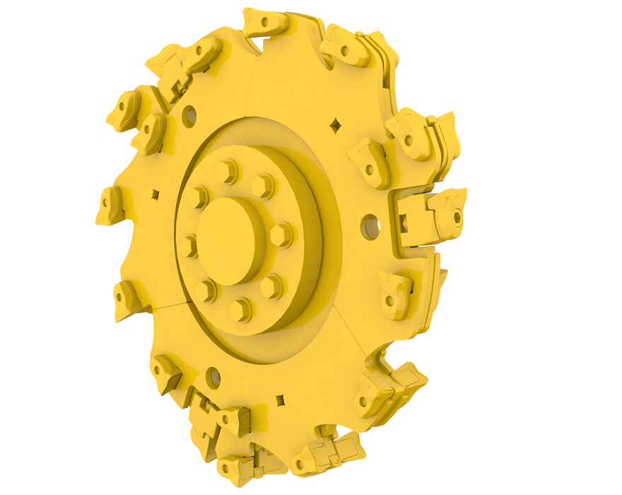 A cutout image of a yellow Vermeer cutting system.