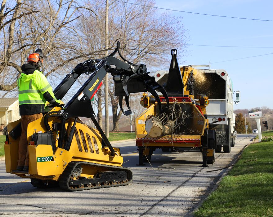 A man on a mini skid steer puts trees into a brush chipper