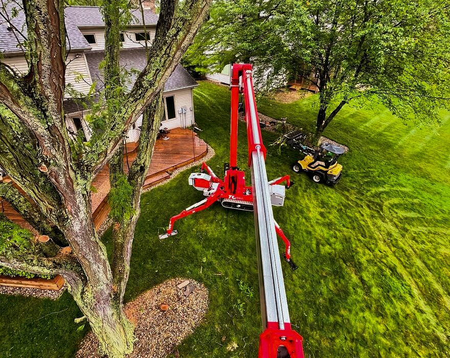 A compact articulated loader and a boom lift in a backyard