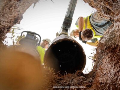 Action image of a vacuum excavator dig tube looking up from the ground