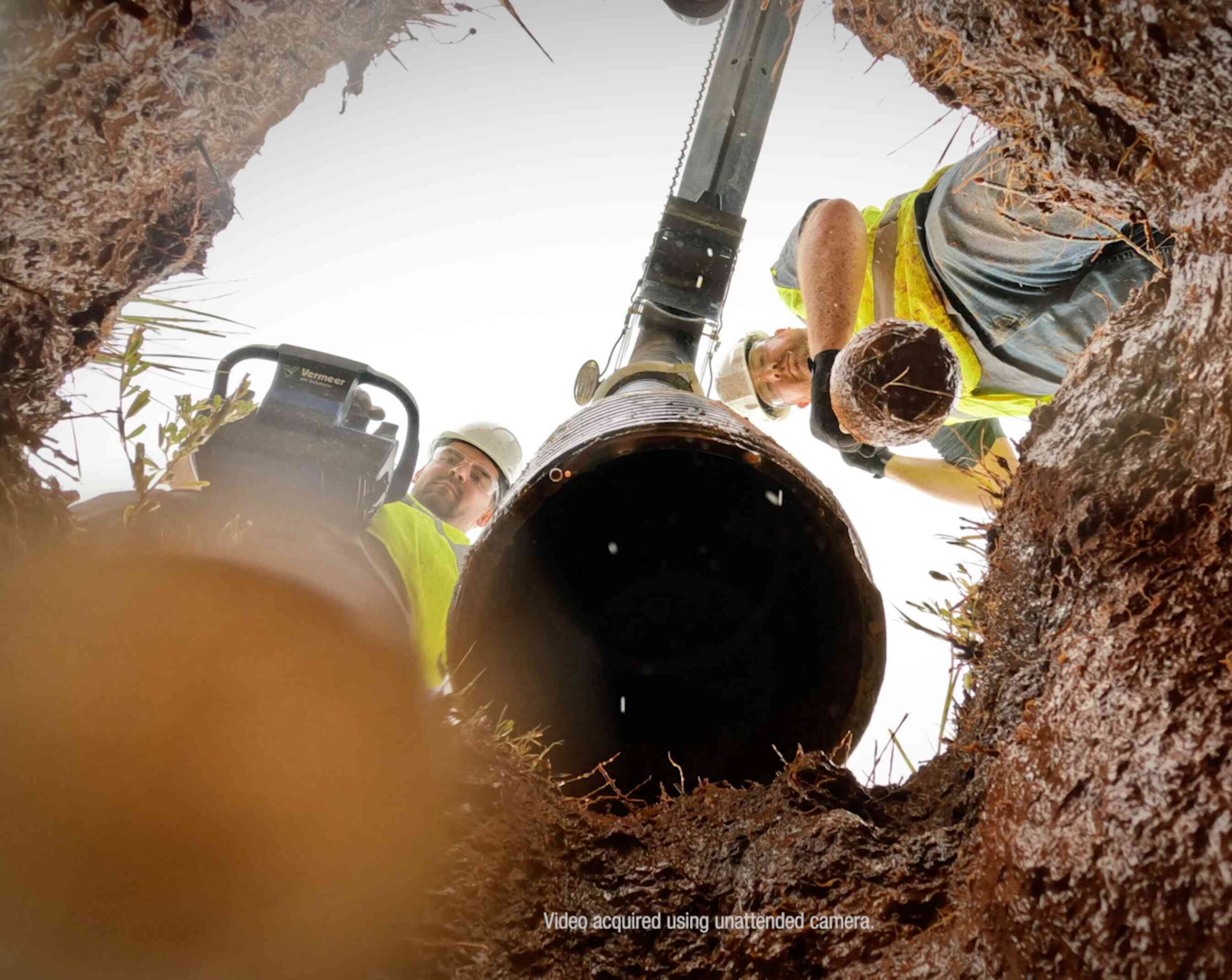 Action image of a vacuum excavator dig tube looking up from the ground